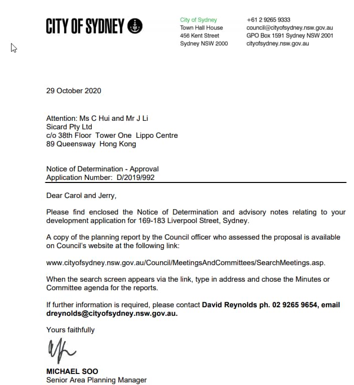 Notice of approval of the development from city of Sydney.