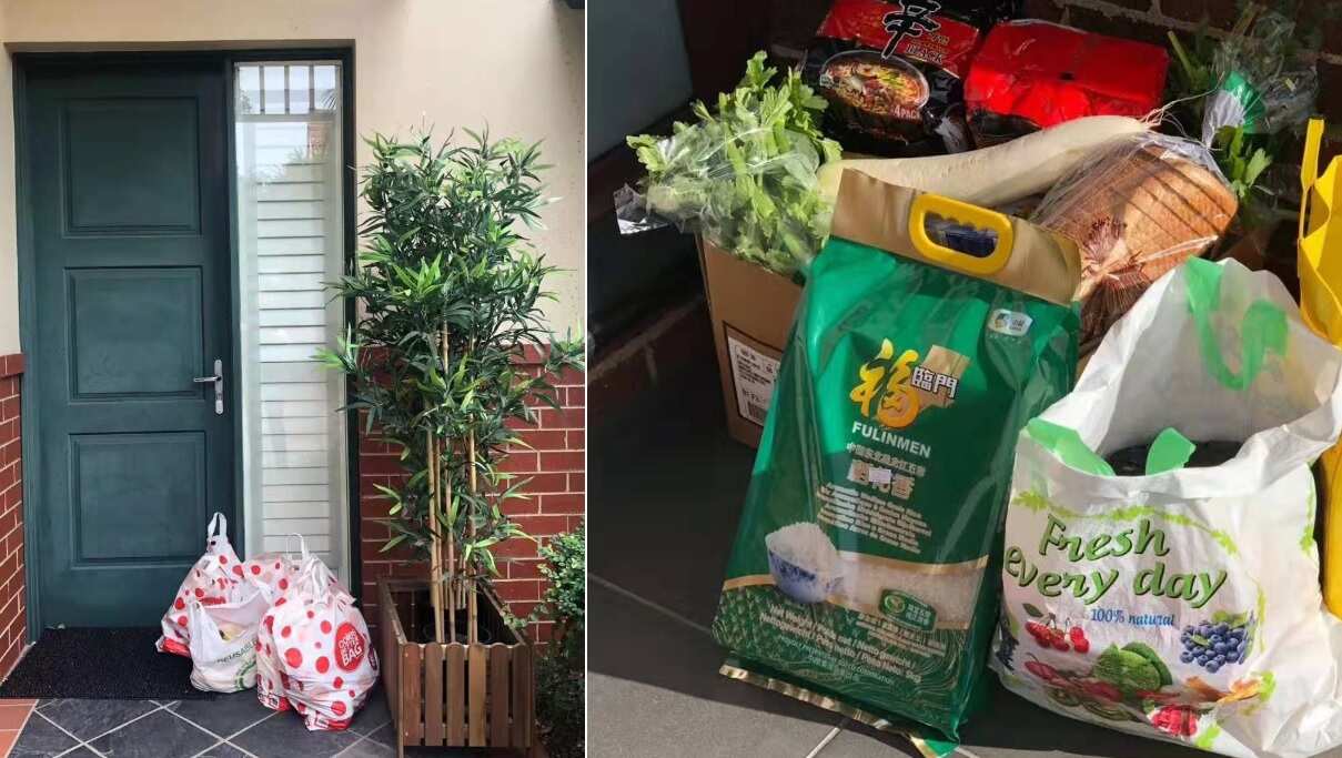 Grocery bags left at the homes of people self quarantining. 