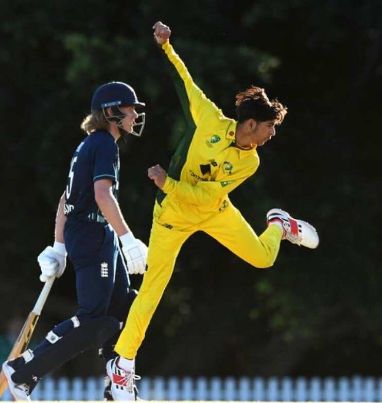 Shrey Patel is seen bowling against England in the tournament.