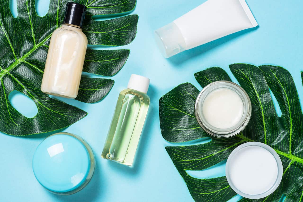 Skin care product, natural cosmetic flat lay.