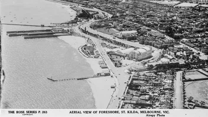 Aerial view of Foreshore, St Kilda, 1920-1954. 