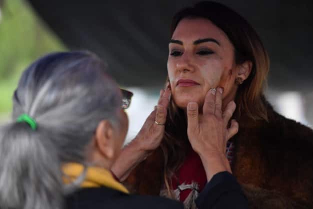 Senator Lidia Thorpe during a smoking ceremony at the Aboriginal Tent Embassy at Parliament House in Canberra.