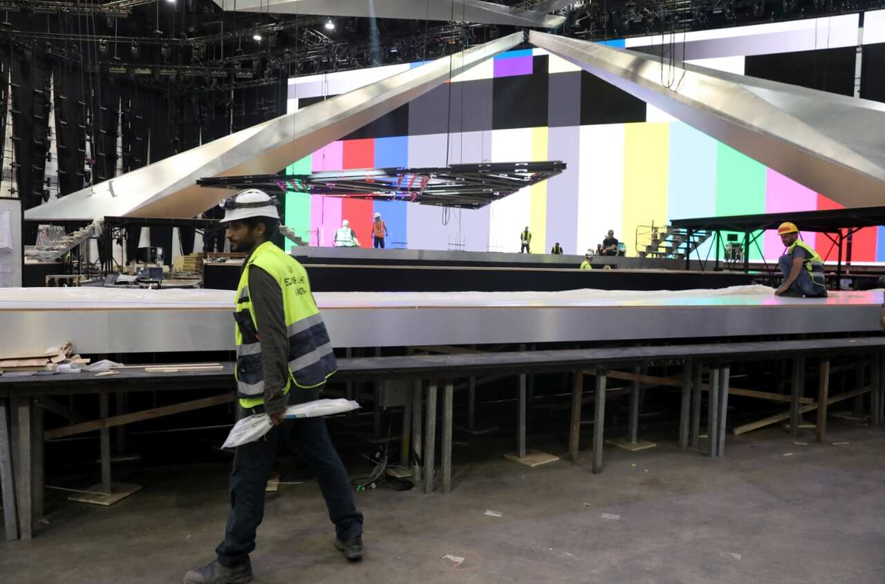 Stage workers build the stage of the Eurovision Song Contest at the Tel Aviv Expo Center in Tel Aviv, Israel, 15 April 2019. 