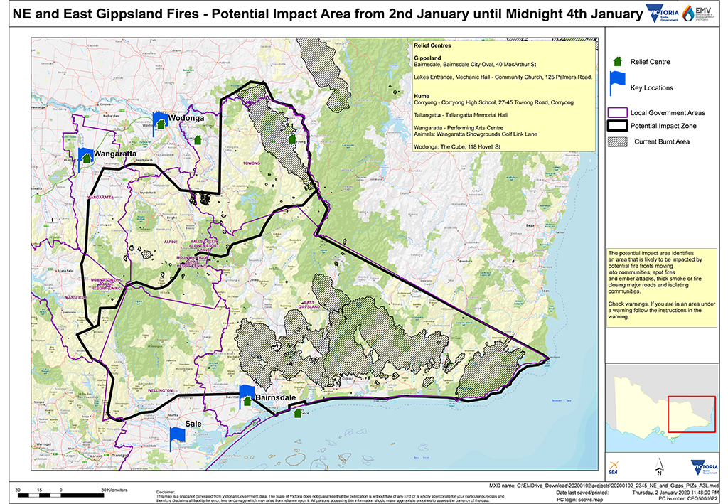 维州东北及East Gippsland地区可能受山火影响区域（1月2日-4日）