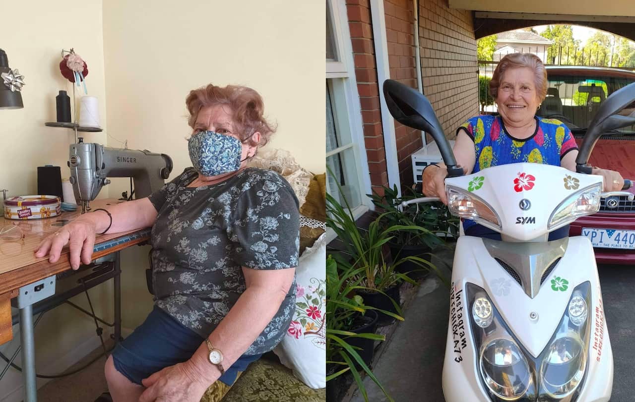 Stella Karakitsos with sewing machine motorbike