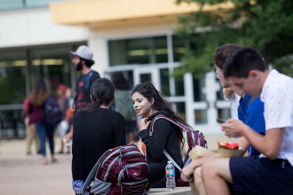 Representational picture of students talking to each other in the university campus.