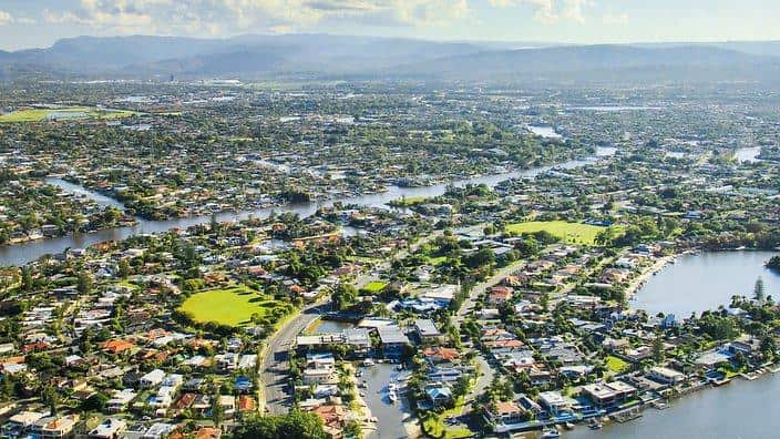 Aerial view of waterfront houses
