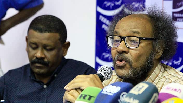 Sudanese activist Muawia Hamed Shaddad (R), one of the leaders of the opposition Alliance for Freedom and Change movement