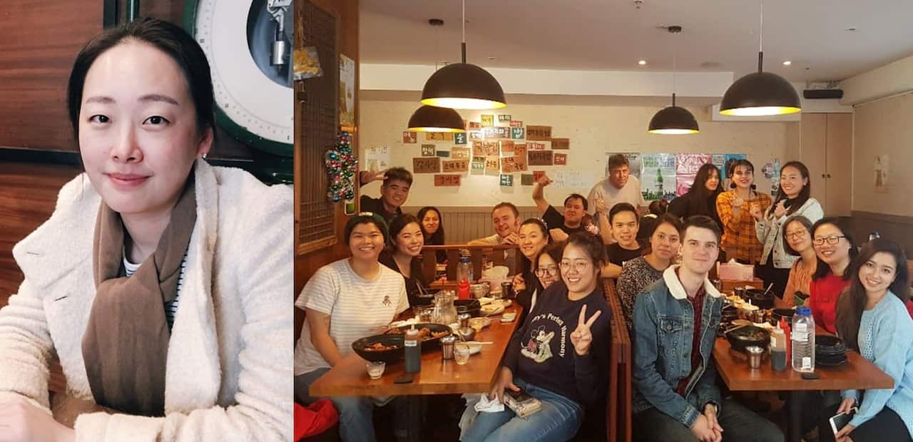 Teacher Sue Young Kim and students at the Korean language school of Melbourne