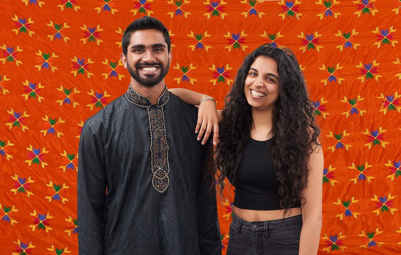 Sukhjit Kaur Khalsa (right) with Pavan Hari, who provides music on her show Fully Sikh