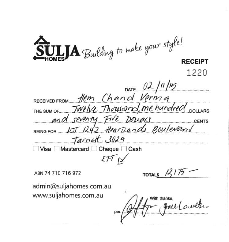 Receipt issued by Sulja Homes as part of the upfront payment for the double storey dwelling in Tarneit