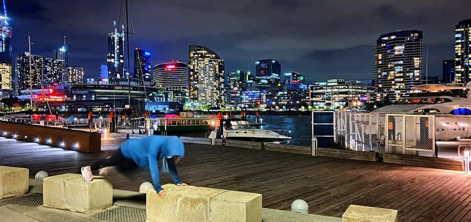 Mrs. Katyal doing pushups on a fine evening in Docklands.