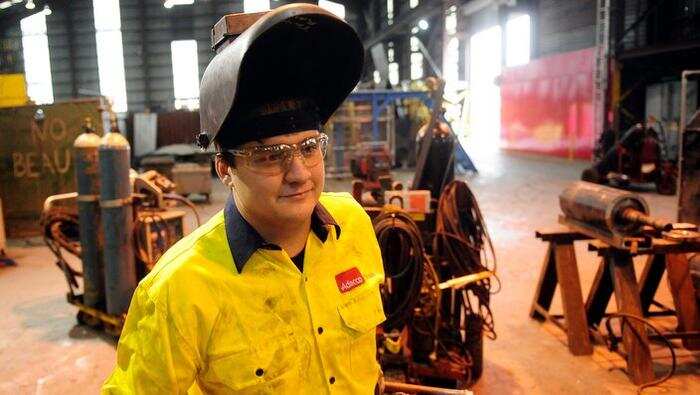 Trainee steelworker Taylor Rainik at One Steel in Melbourne, Tuesday, April 30, 2013. (AAP Image/Julian Smith) NO ARCHIVING