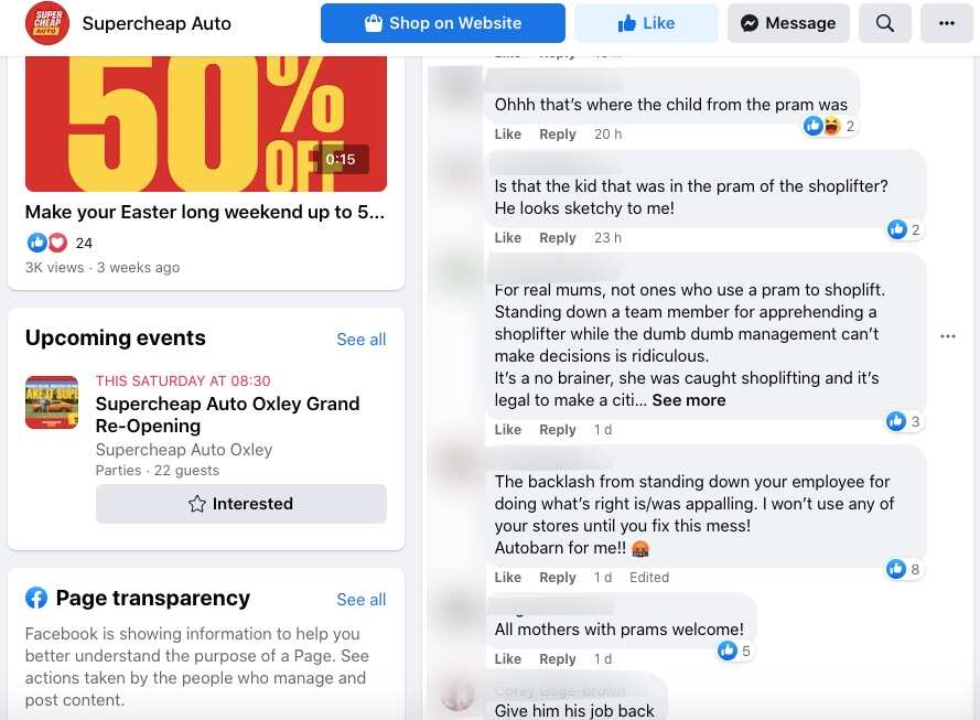 網民在 Supercheap Auto Facebook 專頁上留言