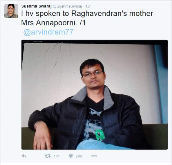 Tweet from Foreign Minister of India, Sushma Swaraj 