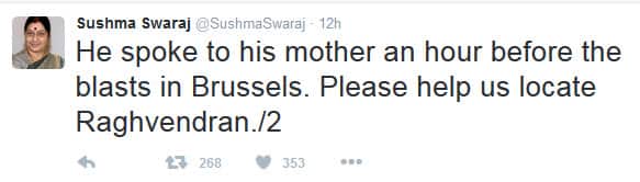 Tweet from Foreign Minister of India, Sushma Swaraj 