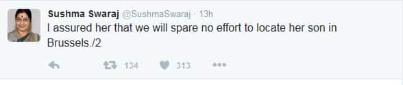 Tweet from Foreign Minister of India, Sushma Swaraj 