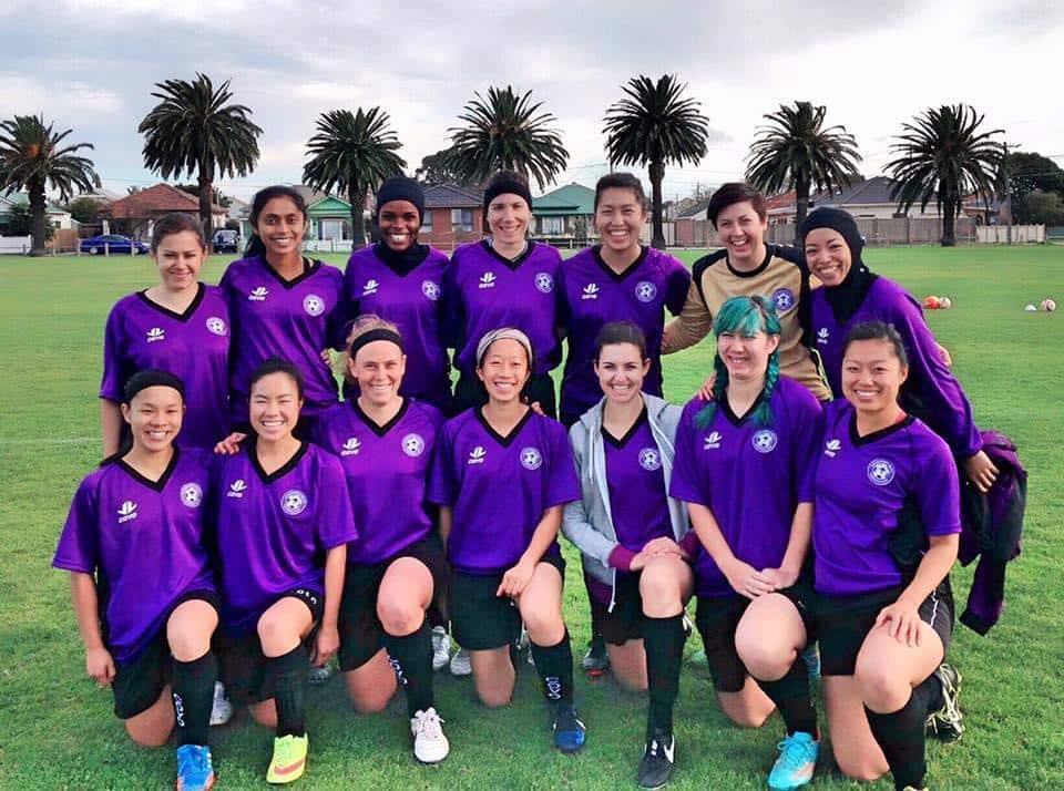 A diverse group of players. Dr Nasya Bahfen (top row, far right) and the Maribyrnong Swifts.