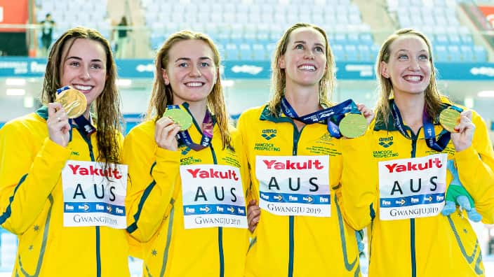 ustralia TITMUS Ariarne, WILSON Madison, THROSSELL Brianna, McKEON Emma Gold Medal Gwangju South Korea 25/07/2019 Swimming Women's 4x200m Freestyle