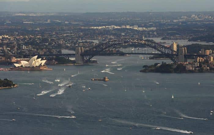 An aerial view of the Sydney Harbour Bridge and the Sydney Opera House, Sydney, Saturday, May 15, 2010. (AAP Image/Dean Lewins) NO ARCHIVING