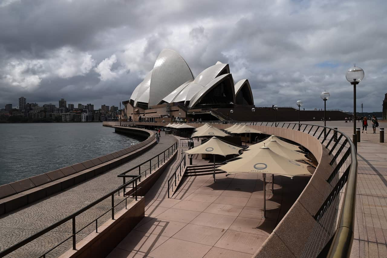 A empty Opera Bar in front of the Sydney Opera House in Sydney, Monday, March 23, 2020. The state of NSW is shutting down all non-essential services to slow the rapidly spreading coronavirus but schools will stay open for now. (AAP Image/Joel Carrett) NO