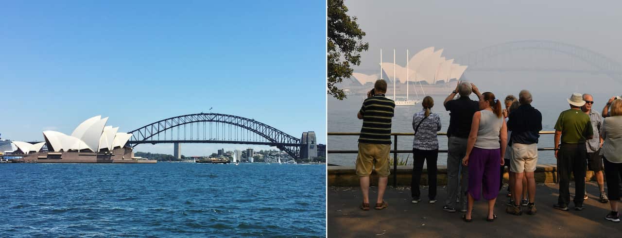 La ciudad de Sídney antes y después de los incendios.