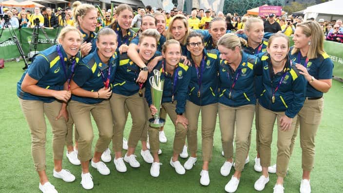 The Australian Women's Cricket Squad after winning the 2018 ICC T20 World Cup Trophy in the West Indies.