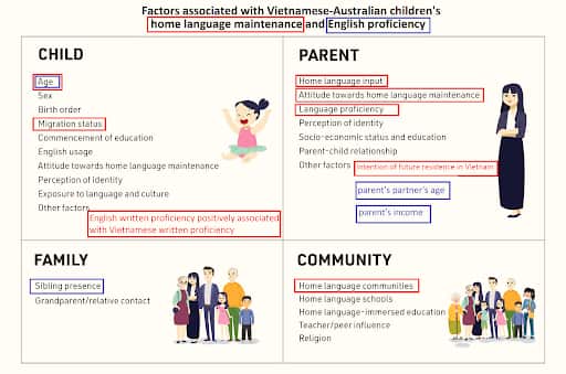 Các yếu tố có ảnh hưởng lớn nhất đến năng lực ngôn ngữ tiếng Việt (khung đỏ) và tiếng Anh (khung xanh) của trẻ gốc Việt ở Úc 
