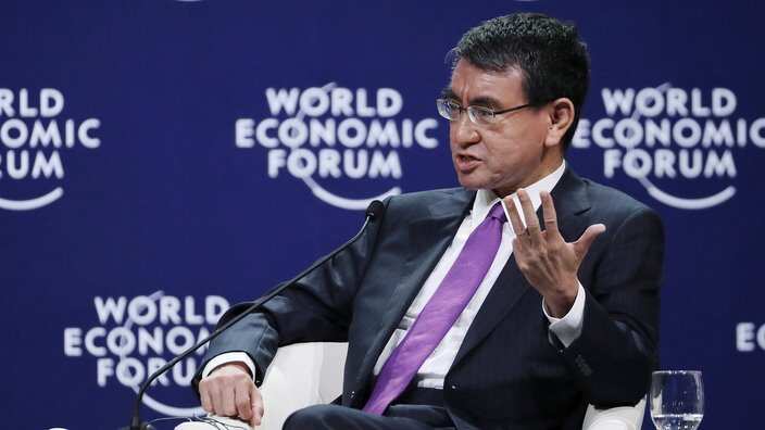  Japan's Foreign Minister Taro Kono speaks during a panel discussion at the World Economic Forum on ASEAN at the National Convention Center in Hanoi, Vietnam, 13 September 2018.  EPA/LUONG THAI LINH