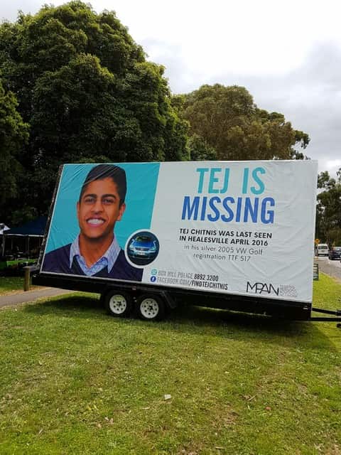A billboard in Healesville, to remind people that Tej is missing