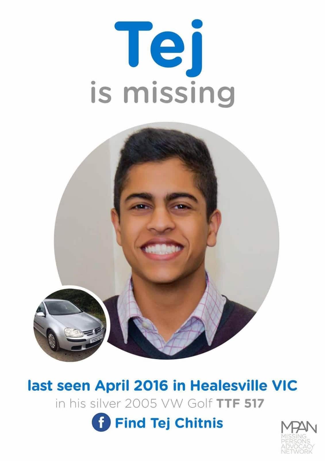 Poster by MPAN to help find Tej Chitnis