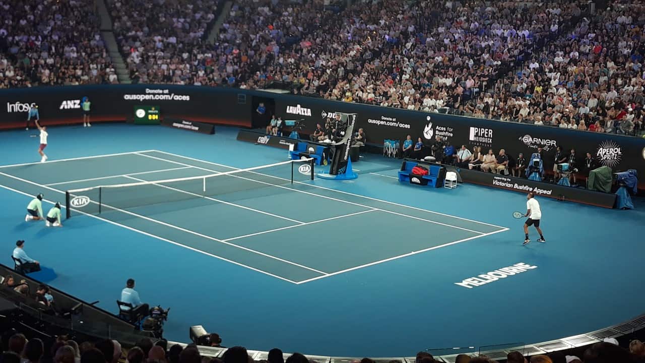 Still from the Australian Open Rally for Relief exhibition match at Melbourne's Rod Laver Arena