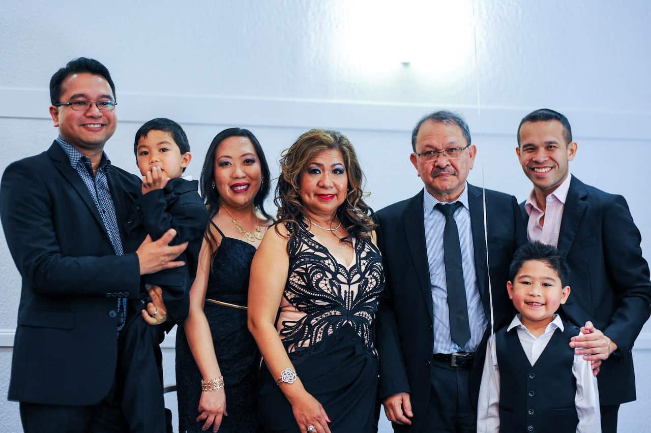 Abadilla family. (L-R) son Raymond and wife Pia, Tess with husband Buddy, son Ian with grandsons Eli and Zach.