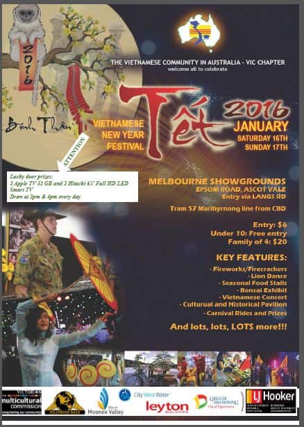 Poster Hội chợ Tết của Cộng Đồng Người Việt Tự Do Victoria Xuân Bính Thân 2016 