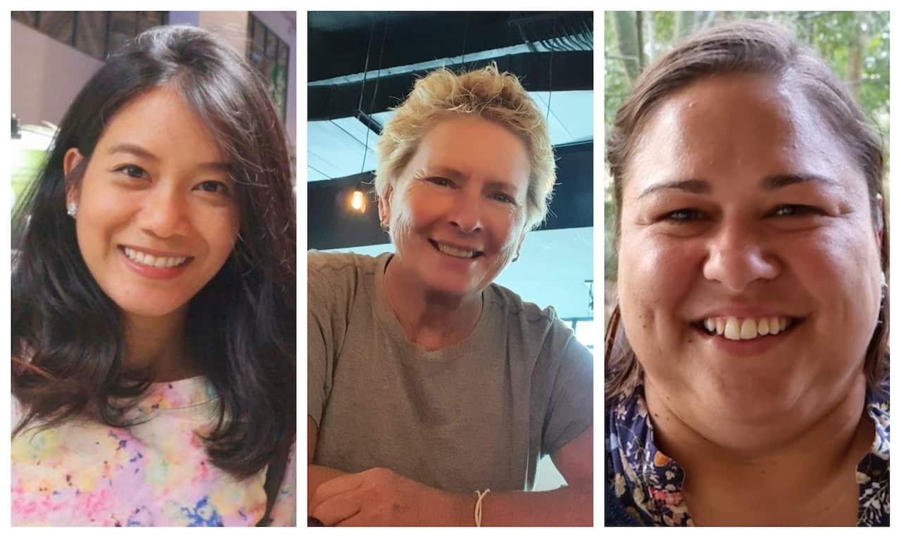 ครูสอนภาษาไทยของมหาวิทยาลัยควีนส์แลนด์ คุณพันธกานต์ สุรียะธนาภาส (ซ้าย) พร้อมนักเรียนคือ คุณคอลลีน (กลาง) และคุณหลุยส์ (ขวา)