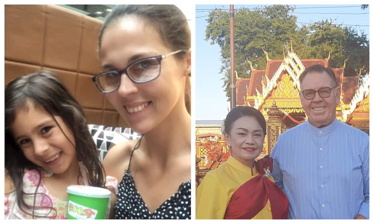 คุณคุณอิซาแบลลาและลูกสาว (ซ้าย) คุณจอร์จและภรรยา (ขวา) นักเรียนชาวออสเตรเลียที่เรียนภาษาไทย