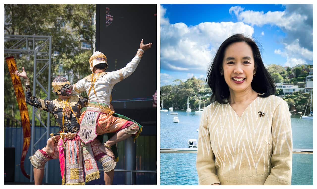 ท่านกงสุลใหญ่ ณ นครซิดนีย์ หัทยา คูสกุล (ขวา) และการแสดงศิลปะวัฒนธรรมไทยที่เคยมาแสดงในงานไทยแลนด์แกรนด์เฟสติวัล (ซ้าย)