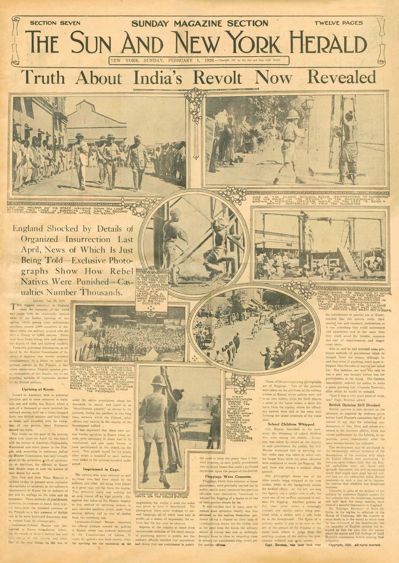 A copy of the front page of The Sun and New York Herald which shows the atrocities in Punjab