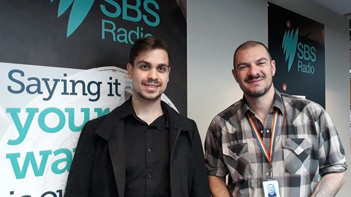 Greek Australian researcher Themistoklis Kritikakos (L) and SBS Greek's Panos Apostolou.