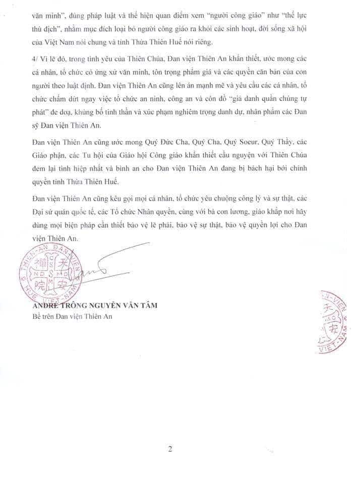 Thông cáo báo chí ngày 14/8/2020 của Đan Viện Thiên An, trang â