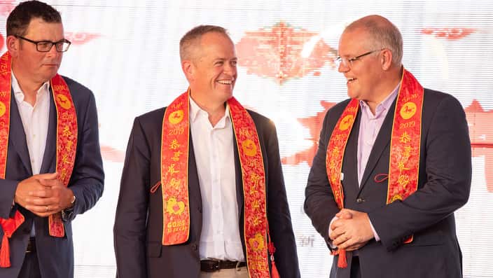 Victorian Premier Daniel Andrews (L) Leader of the Opposition Bill Shorten (M) and PM Scott Morrison (R) at the Chinese New Year Grand Ceremony in Melbourne.