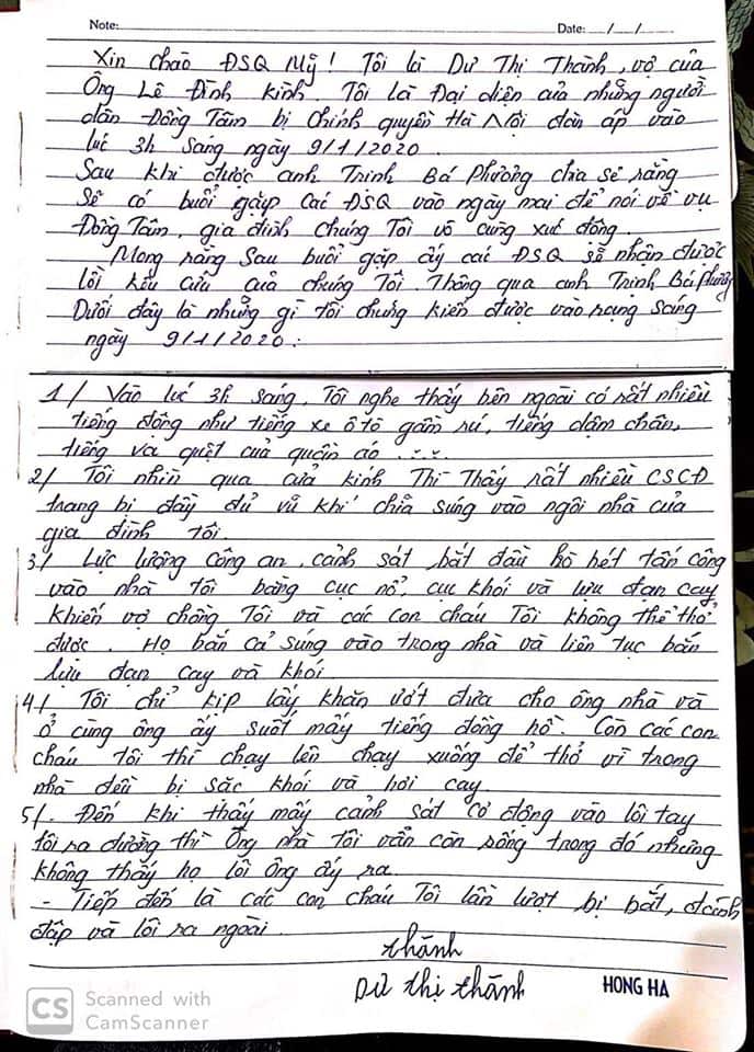 Thư gởi Tòa Đại sứ Hoa kỳ của bà Dư thị̣ Thành, p1