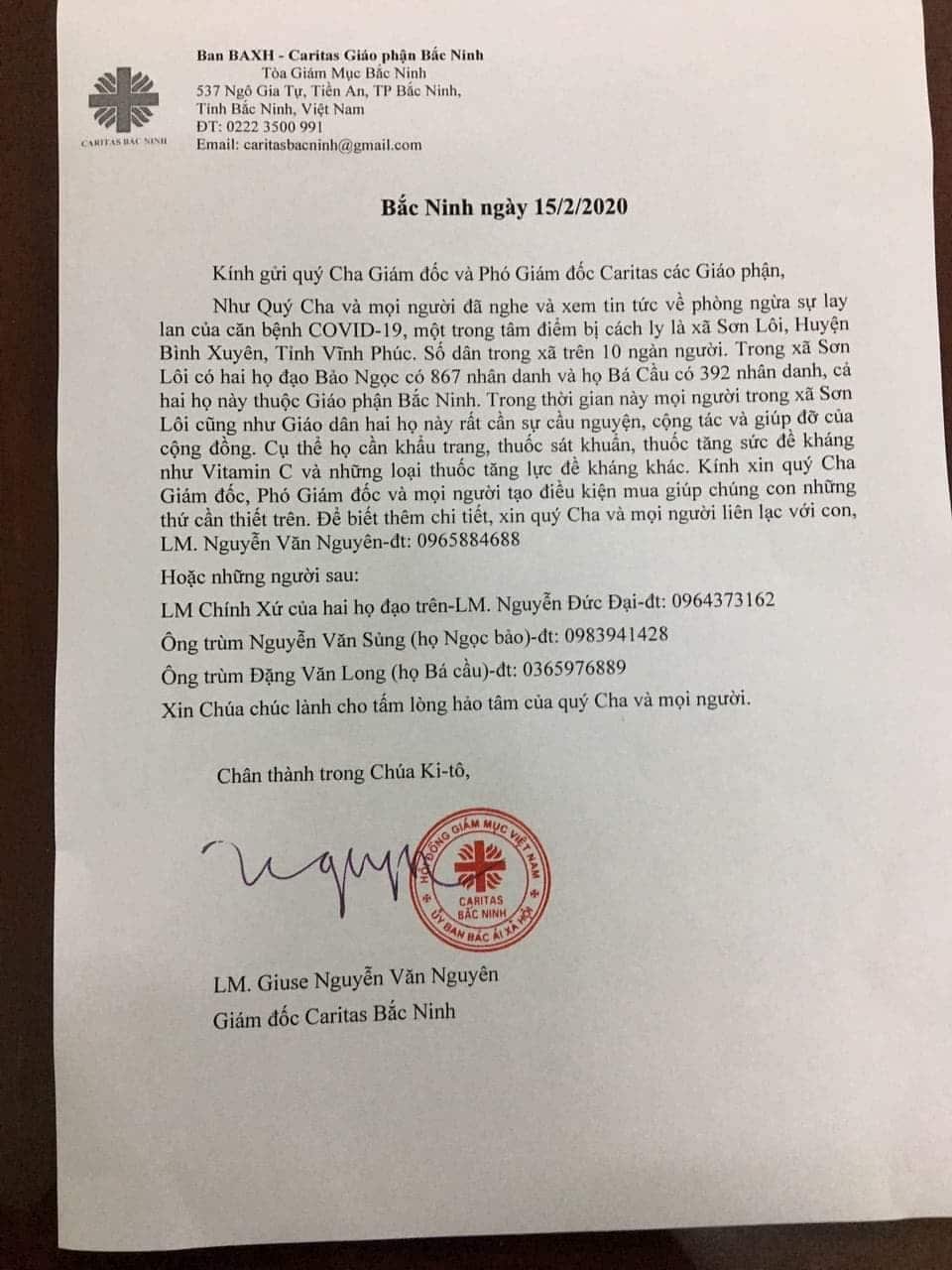 Thư kêu gọi giúp đỡ của Linh mục Nguyễn văn Nguyên, Giám đốc Caritas giáo phận Bắc Ninh