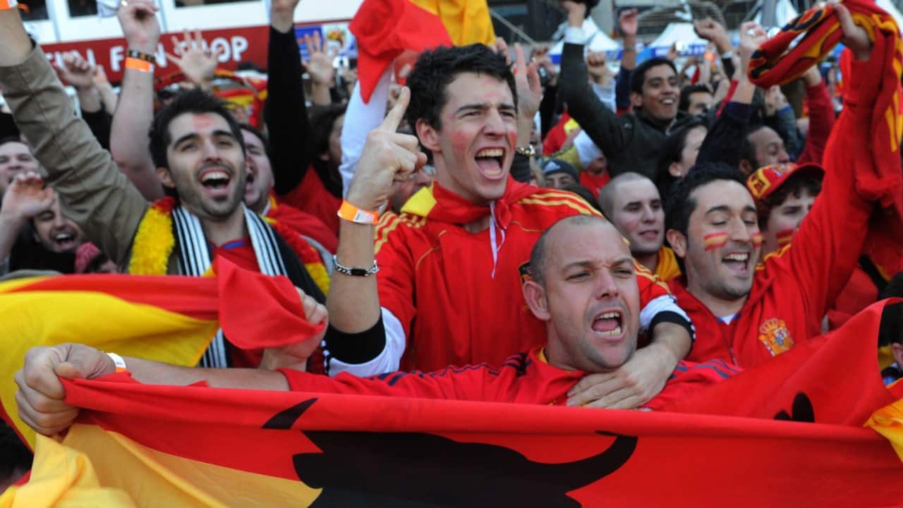 July 12, 2010. Spanish fans celebrate Spain's win in the World Cup at the FIFA Fanfest live venue at Darling Harbour, Sydney