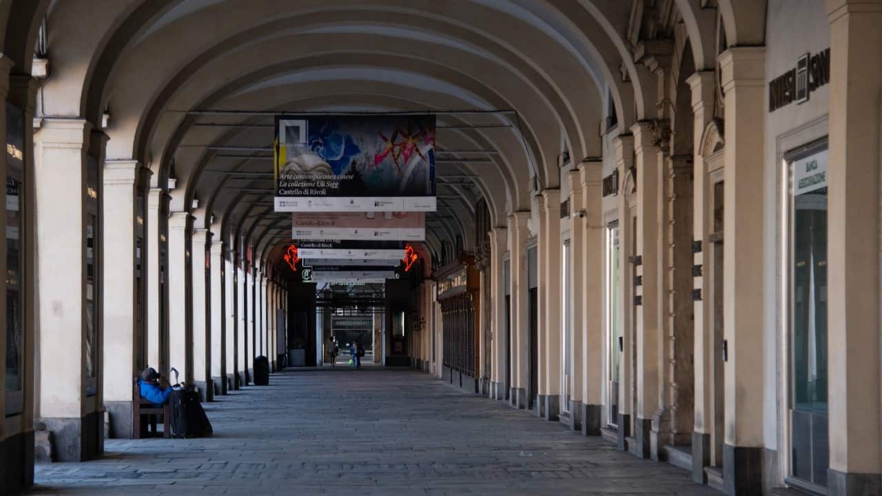 An Homeless and a deserted Turin on April 14, 2020 in Italy, during the country's lockdown aimed at curbing the spread of the COVID-19 infection