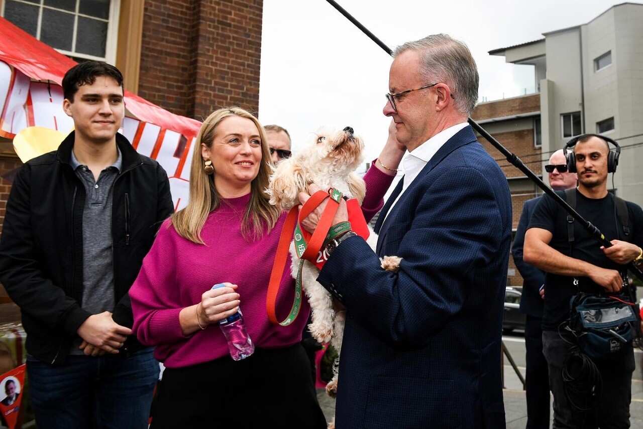 Ghaith Nadir (right) during the election campaign with Mr Albanese, his partner Jodie Haydon and son, Nathan.