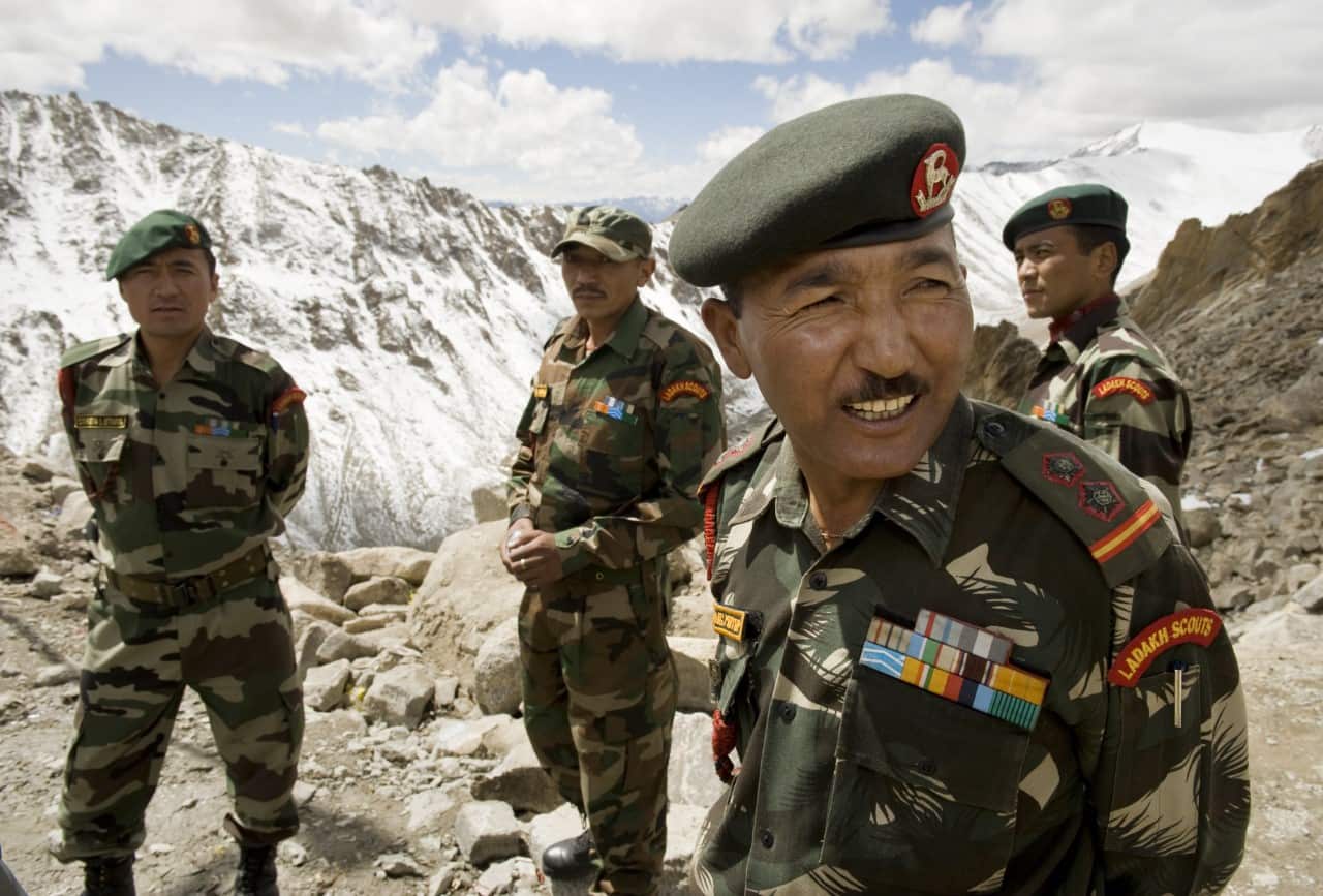 Members of the Ladakh Scouts infantry regiment at Khardung La, a mountain pass in the Ladakh Range of the Himalayas in the Jammu and Kashmir, India.
