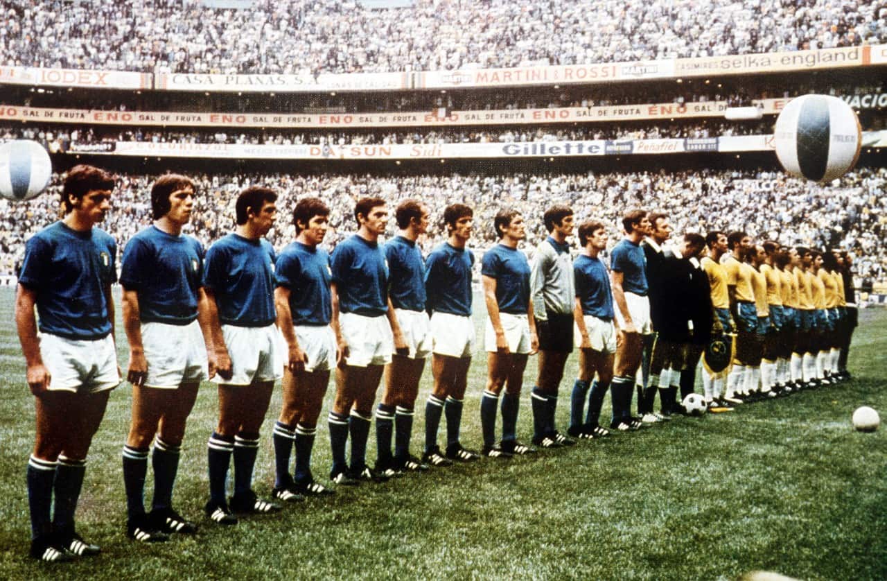 Players of Italy and Brazil are ready for the 1970 FIFA World Cup final at the Azteca stadium in Mexico city