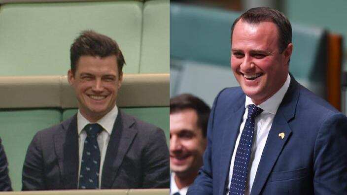 Liberal MP Tim Wilson has proposed to his partner, left, on the floor of federal parliament.