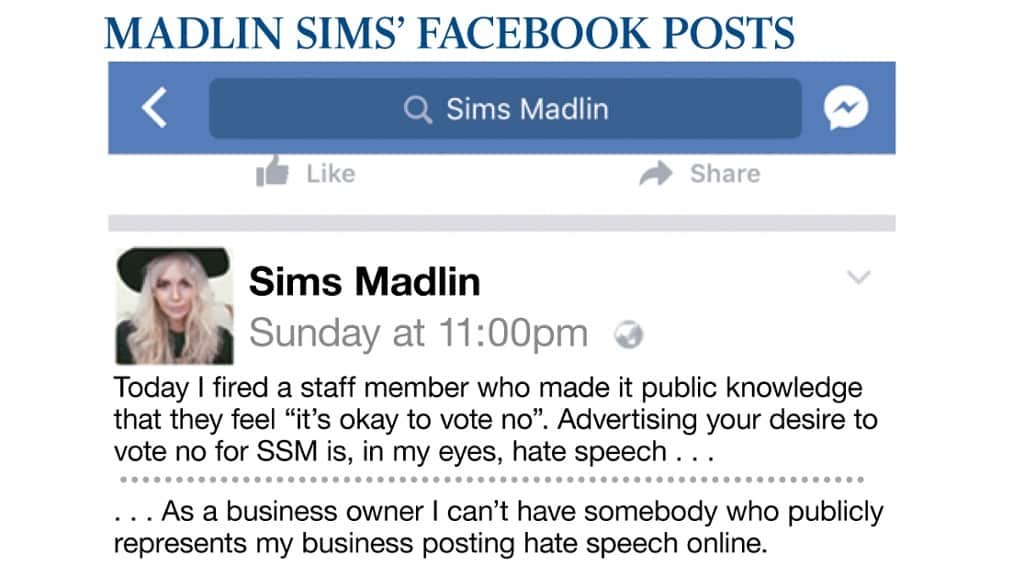'It's not okay to vote No': Boss fires worker over same-sex marriage views.
